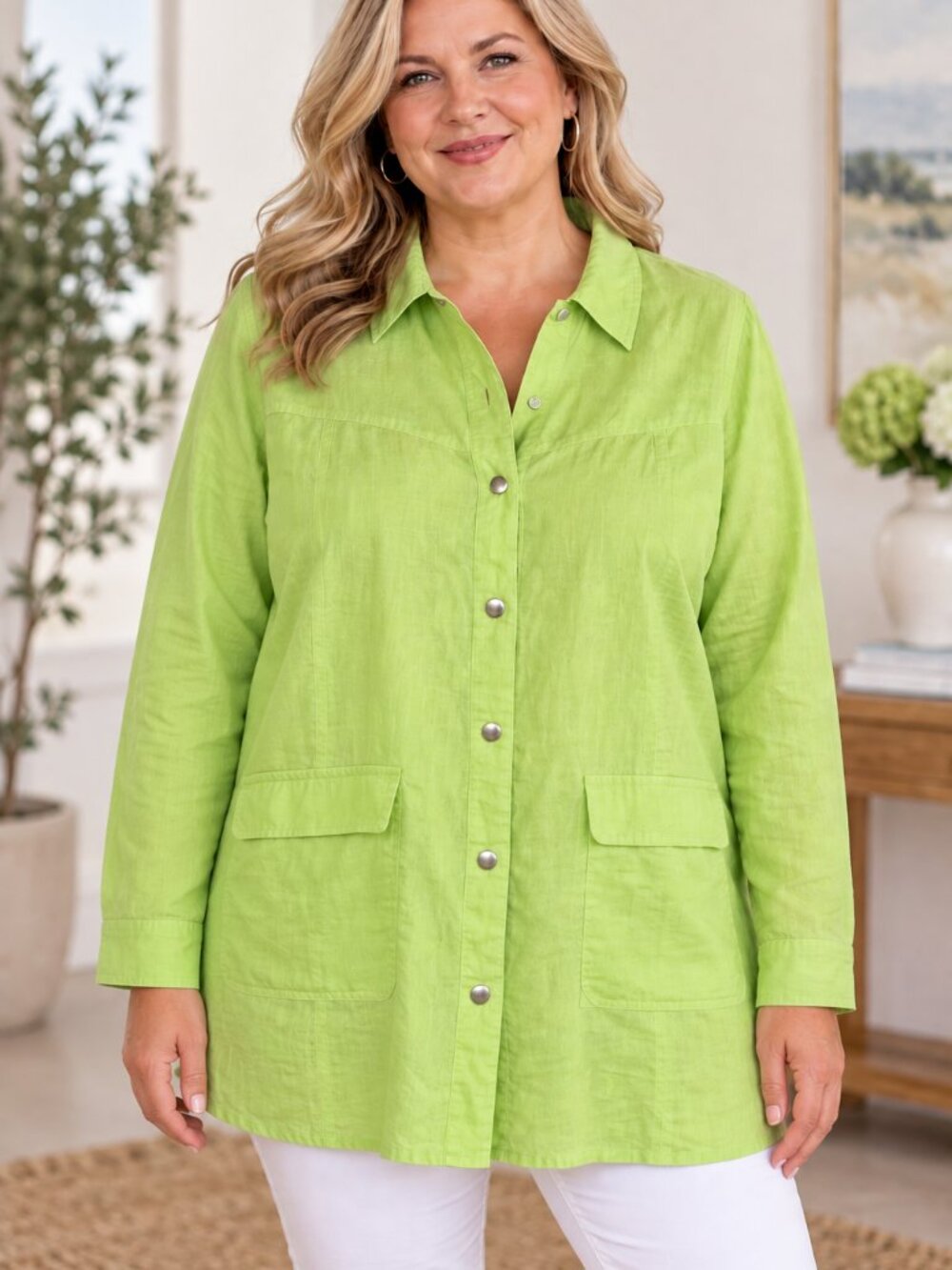 Vintage Together! Womens XL Linen Cotton Lime Green Tunic Shirt Jacket Pockets